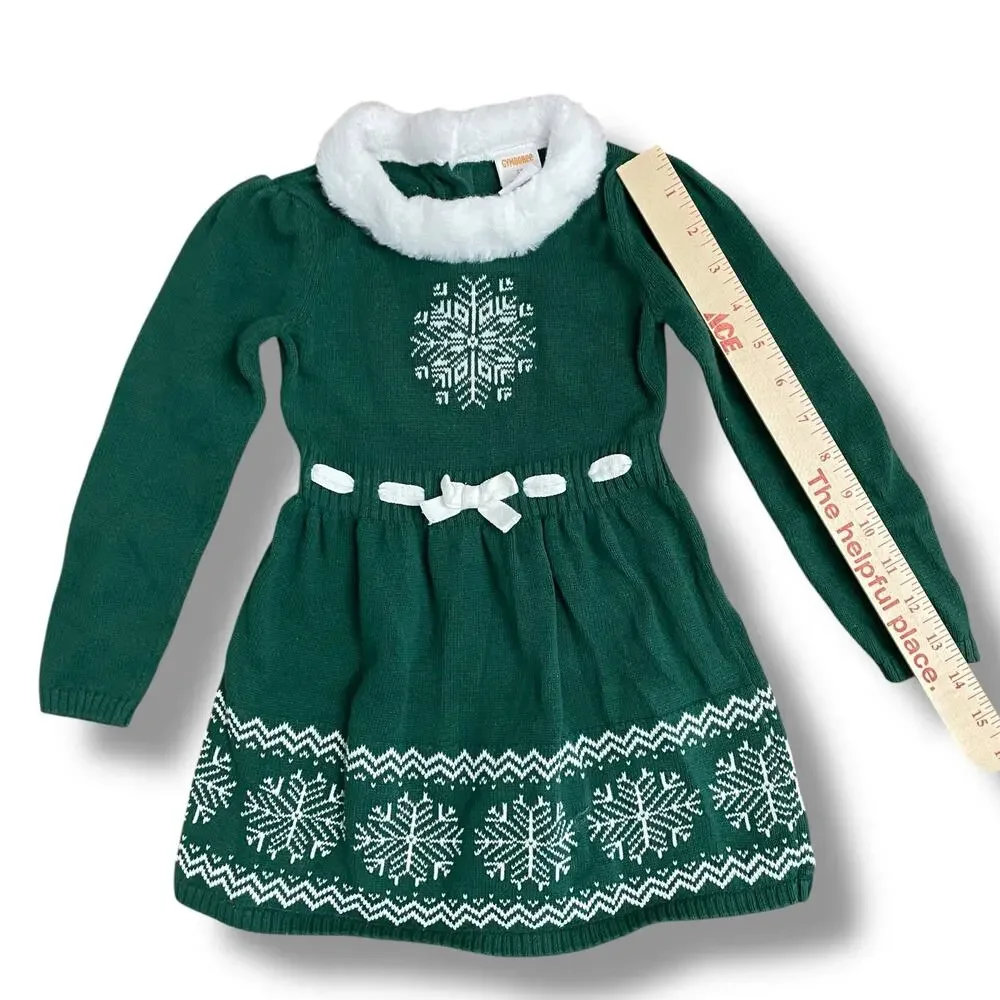 Gymboree 3T Green Snowflake Sweater Dress Faux‎ Fur Collar Holiday Knit Winter